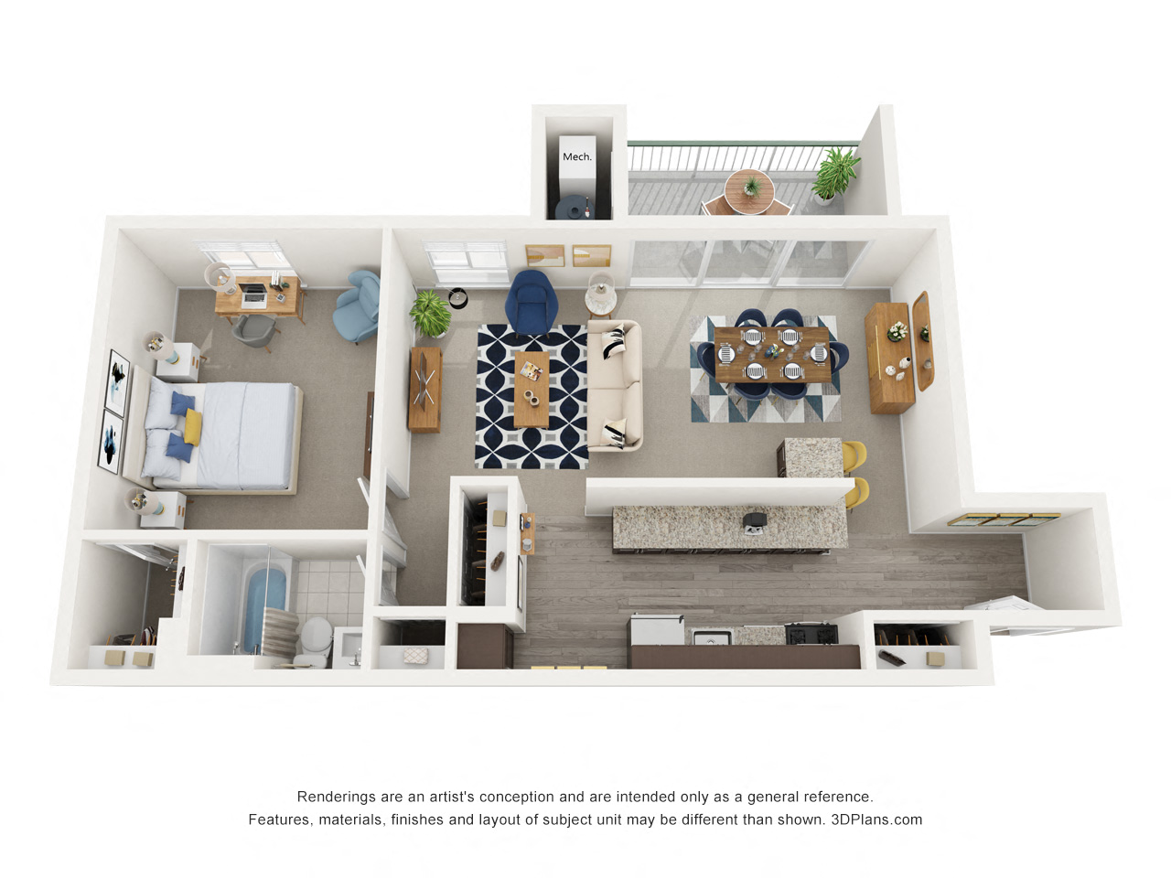 Floor plan for 1 bed, 1 bath, 809 sqft